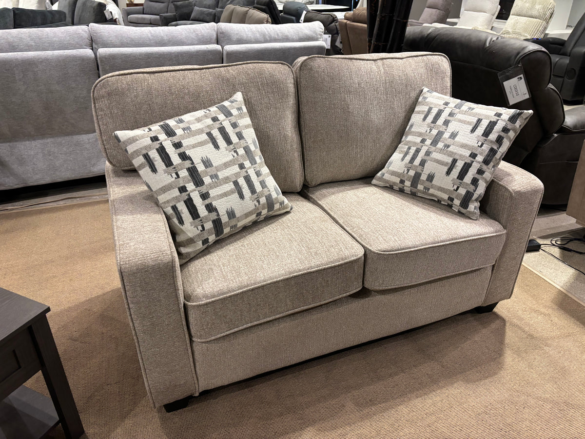 Model 9748TPE taupe fabric loveseat with accent pillows