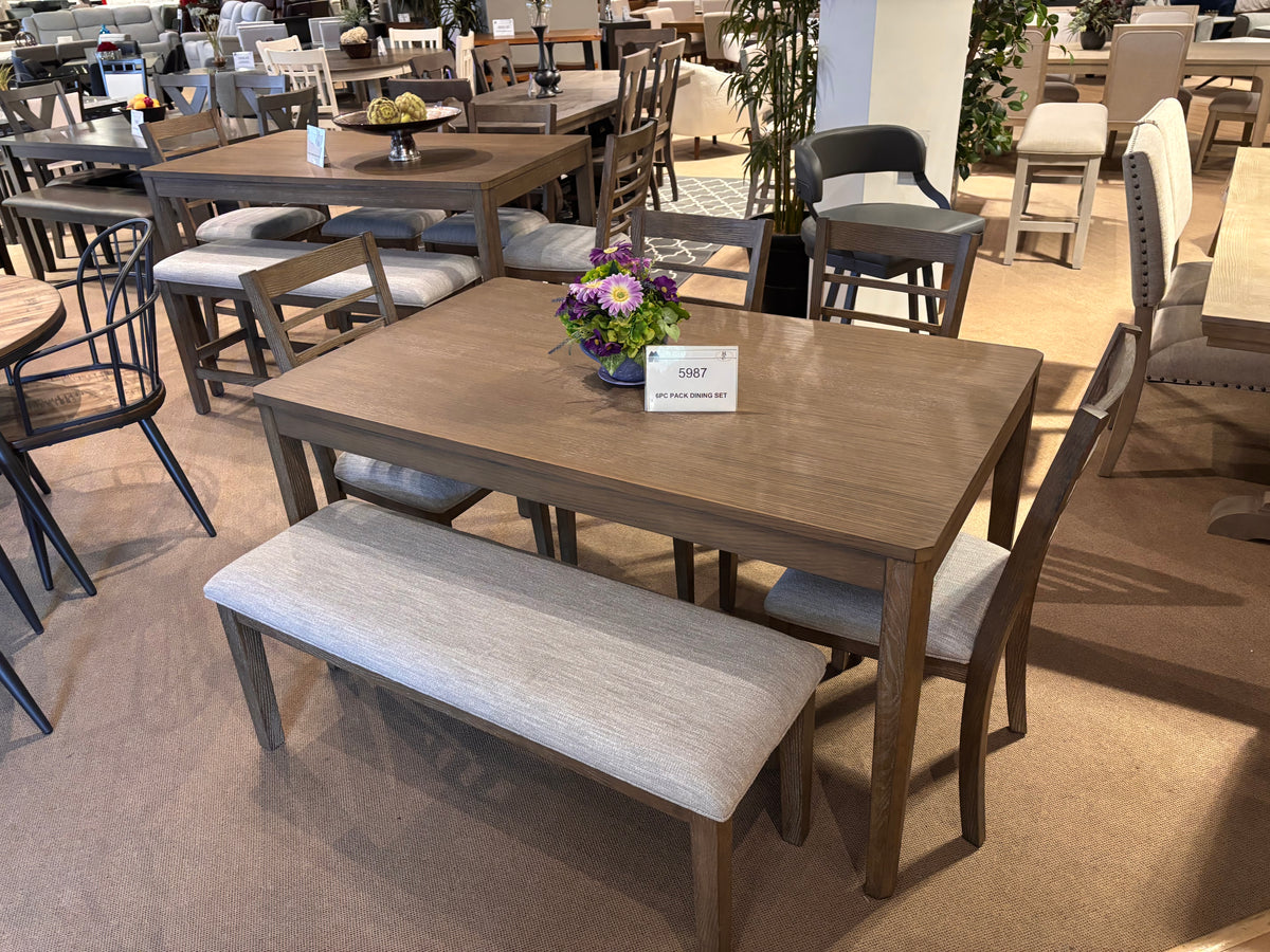 Model 5987 wood dining table with chairs and upholstered bench