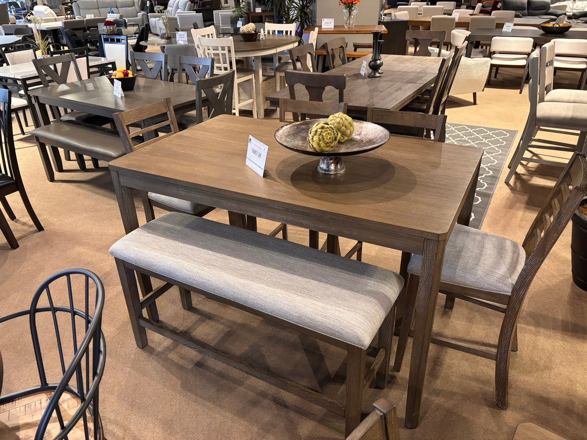 Model 5987-36 wood counter-height table with chairs and upholstered bench