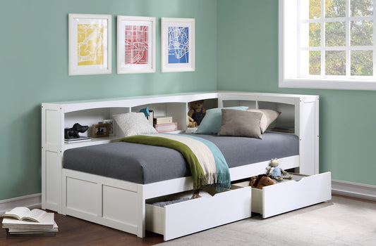 Model B2053BCW-1BC Twin Bookcase Corner Platform Bed with Storage Boxes/Trundle Option .Limited Toronto Stocks
