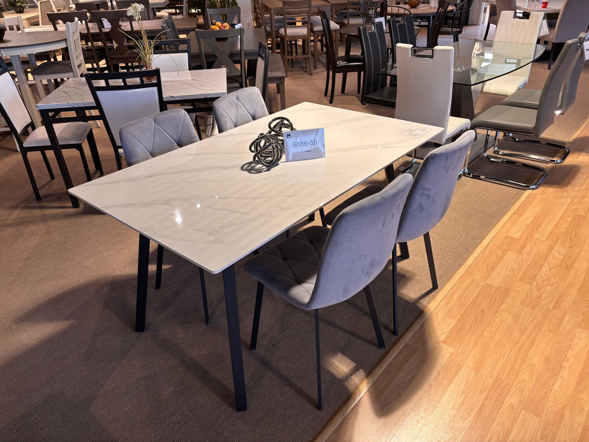 Model 6886 marble-look dining table with six grey upholstered chairs