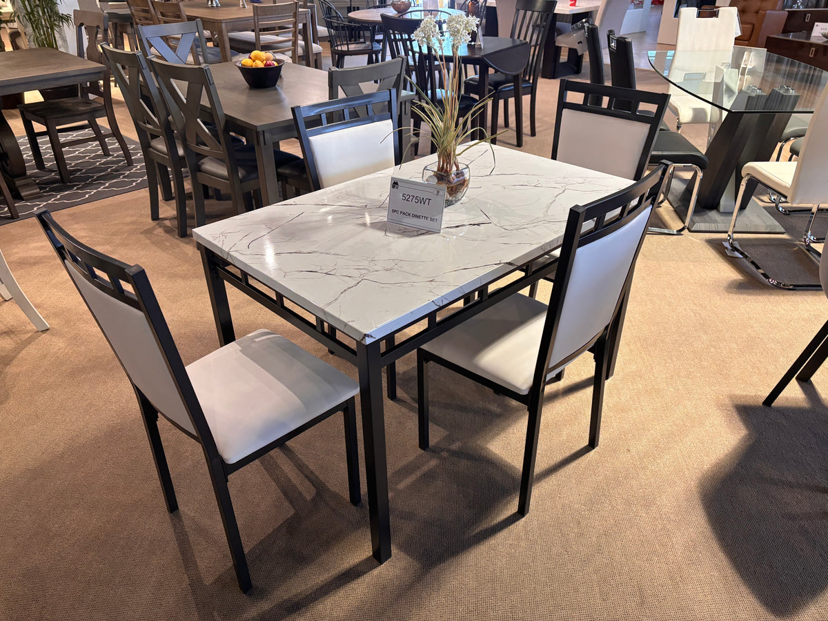 Model 5275W marble-look dining table with four white upholstered chairs