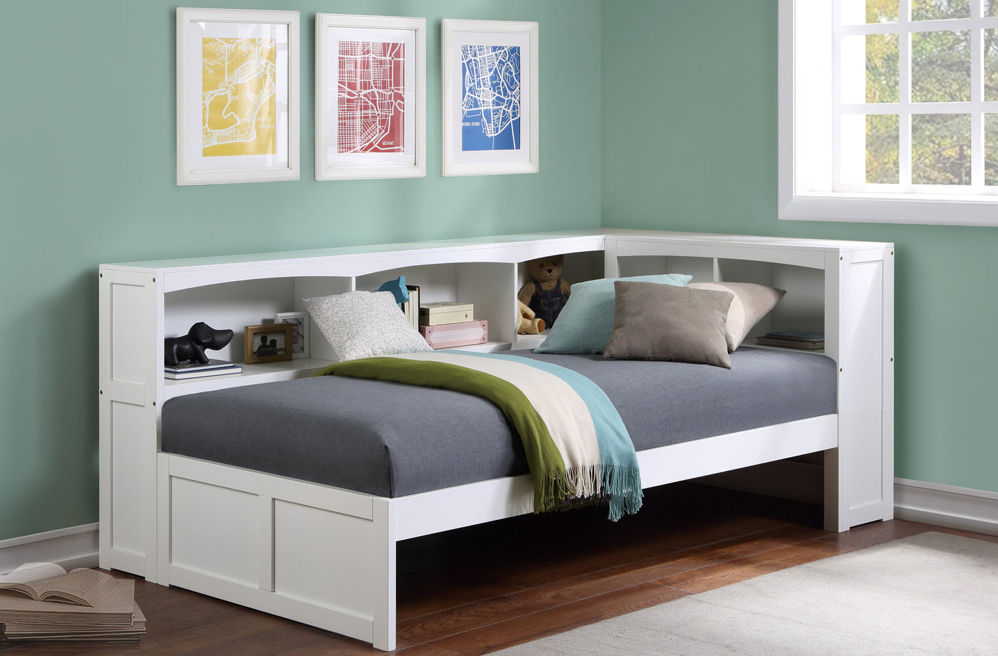 Model B2053BCW-1BC Twin Bookcase Corner Platform Bed with Storage Boxes/Trundle Option .Limited Toronto Stocks