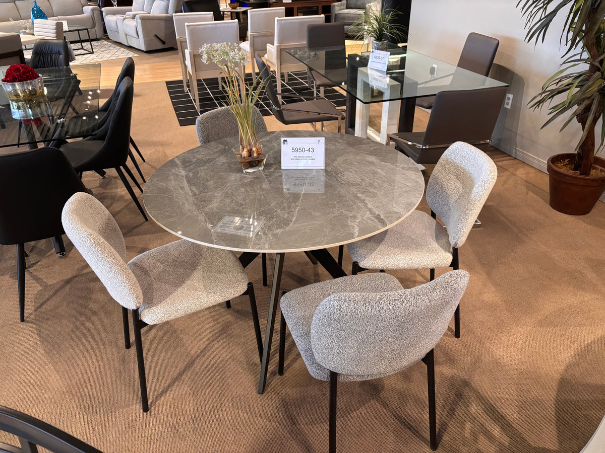 Model 5950 round marble-look dining table with four light upholstered chairs