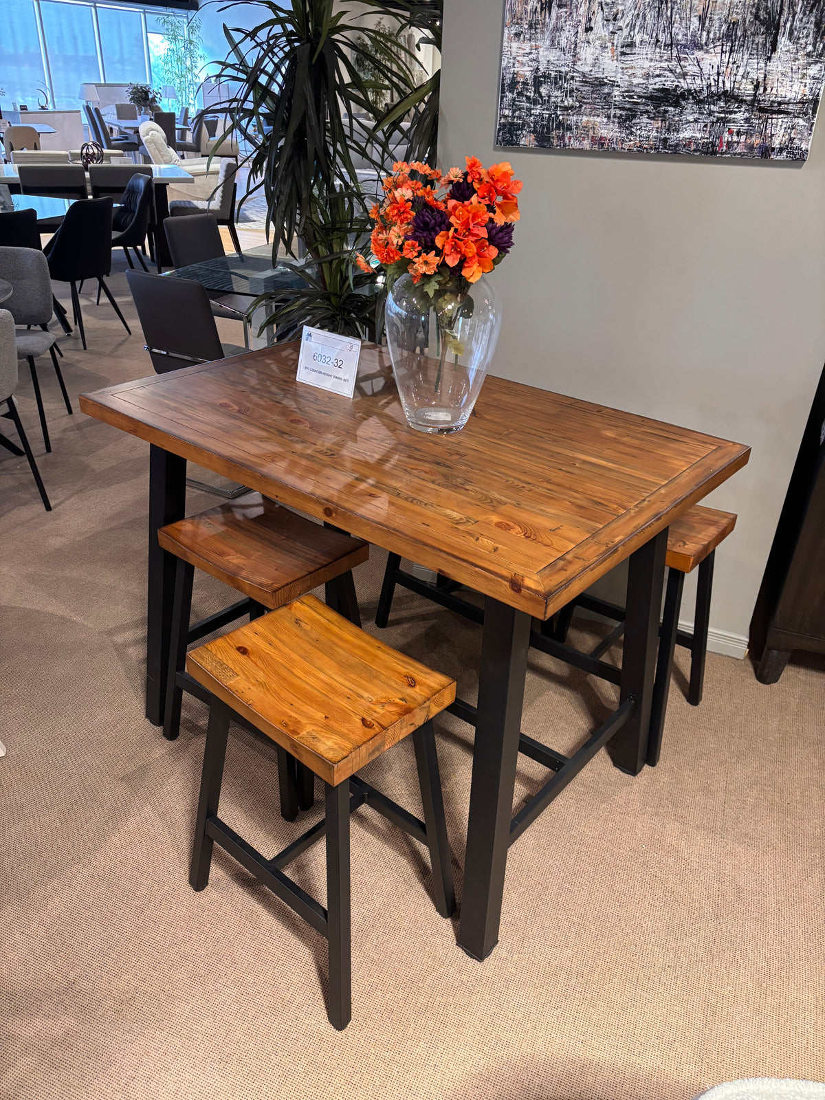 Model 6032 rustic wood counter height dining table with four backless stools