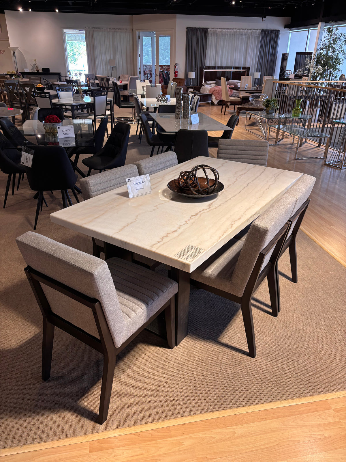 Model 5666M white marble top dining table with grey upholstered chairs