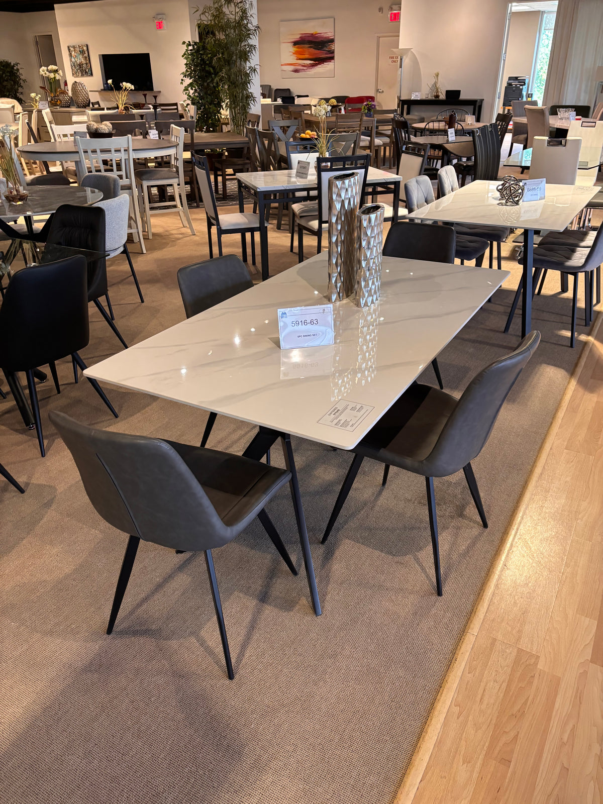 Model 5916 white marble top dining table with grey upholstered chairs