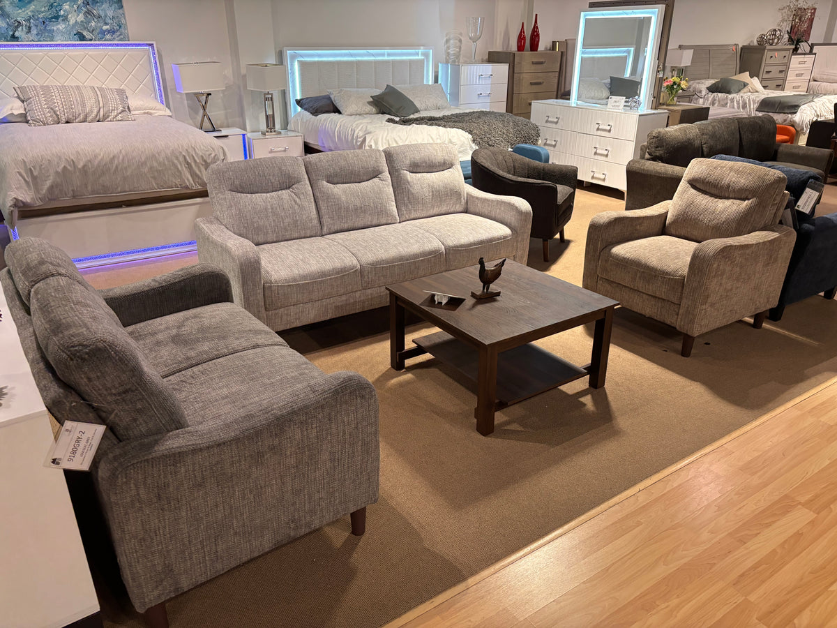 Model 9180 living room set displayed in light grey, dark grey, and beige color options in showroom
