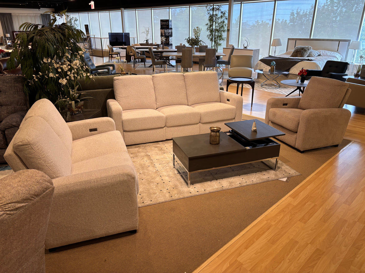 Model 98479 light neutral power reclining sofa in showroom