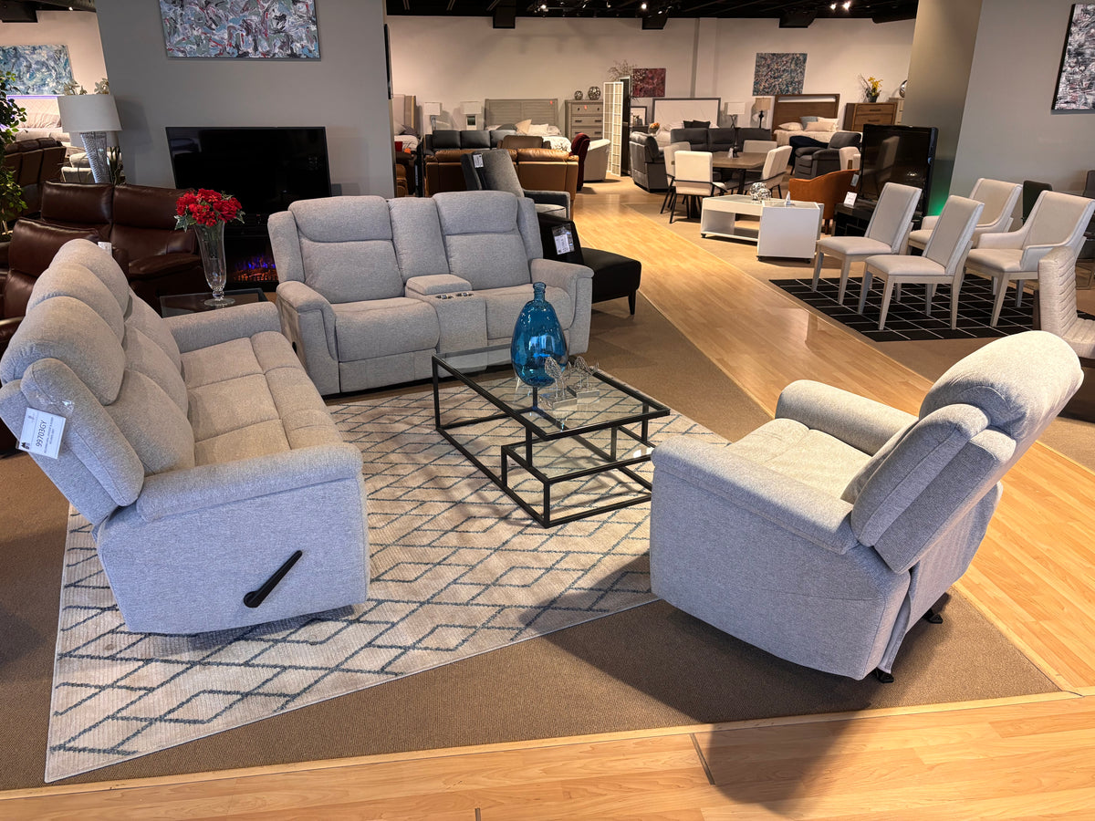 Model 99703GY grey recliner upholstery and product label detail