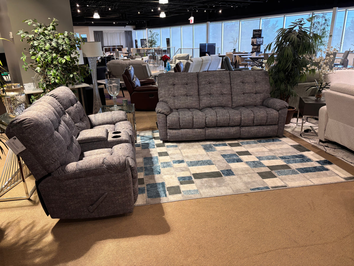 Model 99112 beige fabric recliner chair displayed in showroom