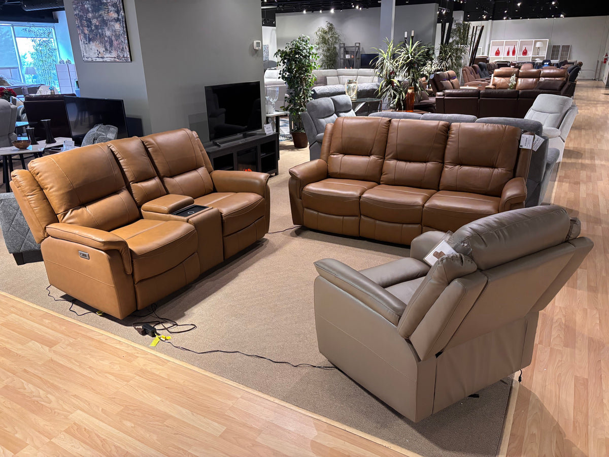 Model 8301 electric power leather reclining sofa, console loveseat, and chair in tan and grey showroom display
