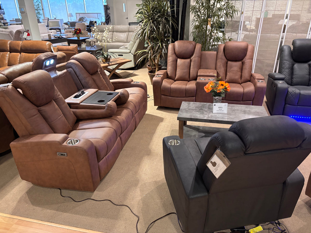 Model 99213 dark microfiber power recliner with dual cup holders
