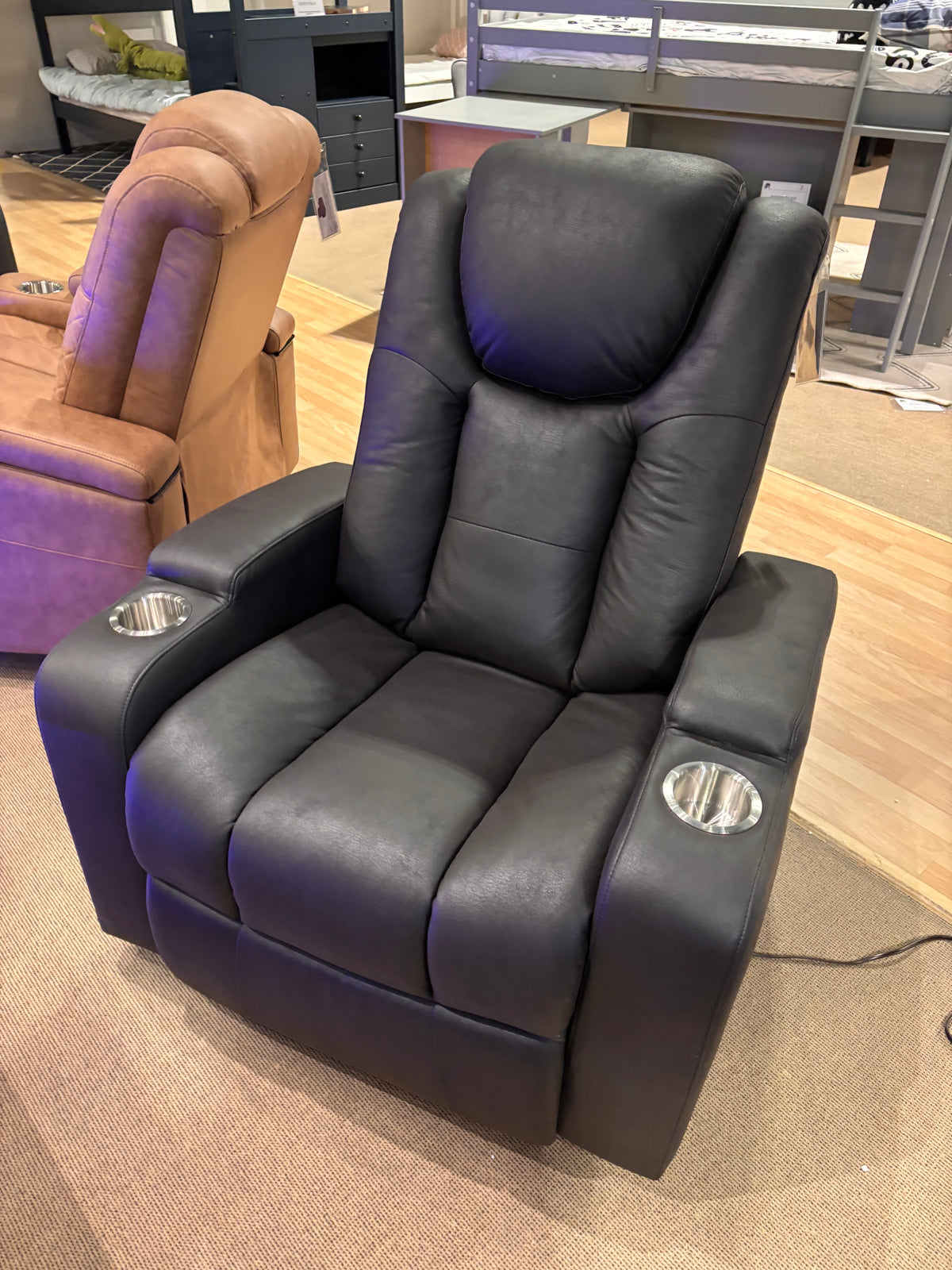 Model 99213 microfiber power recliners displayed in brown and dark color options