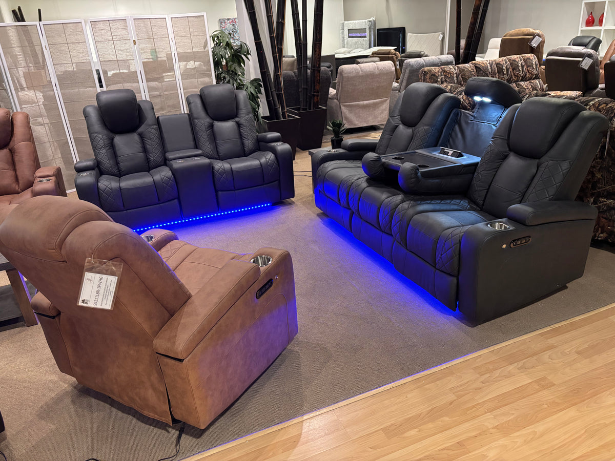 Model 99213 brown microfiber dual power recliner with cup holders and power controls