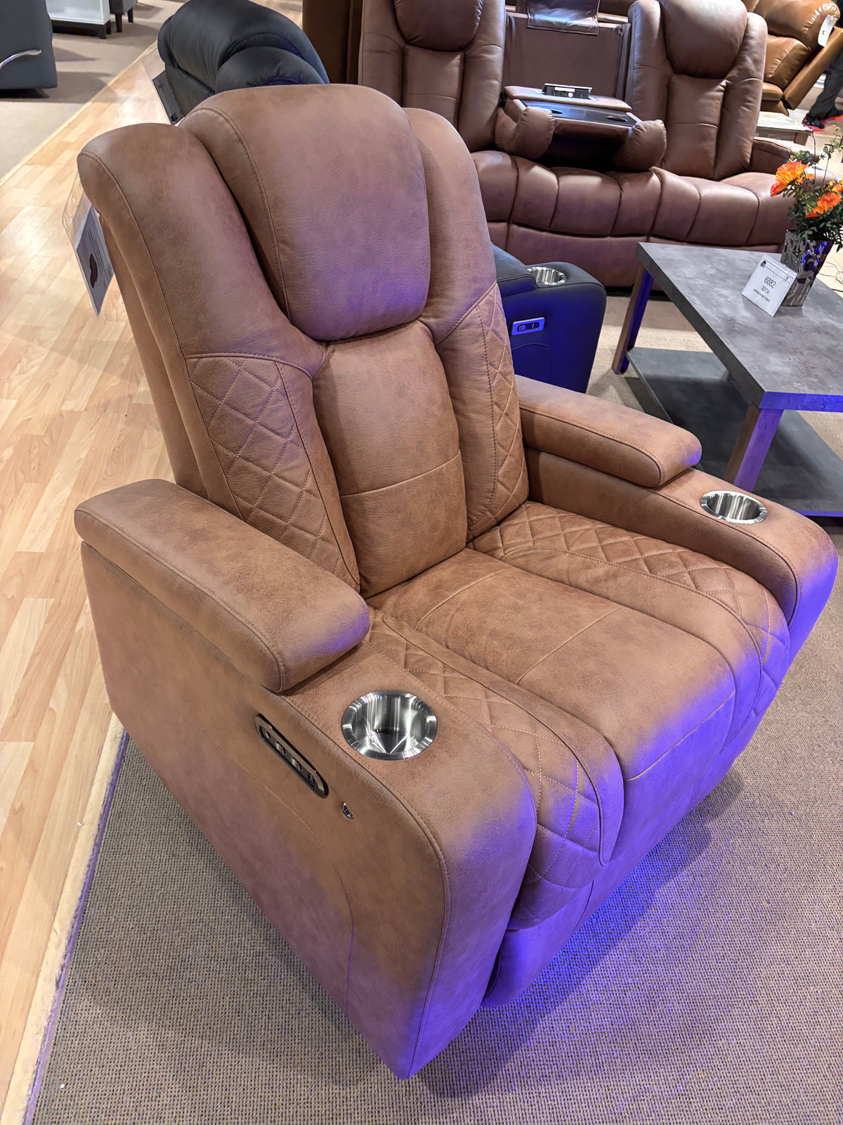 Model 99213 microfiber dual power reclining furniture displayed in brown and dark color options