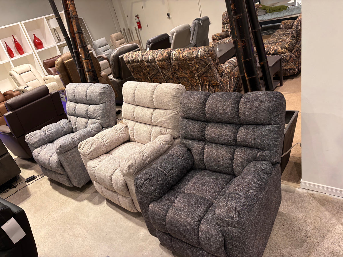 Model 9571 fabric recliners displayed in light grey, cream, and dark grey colors