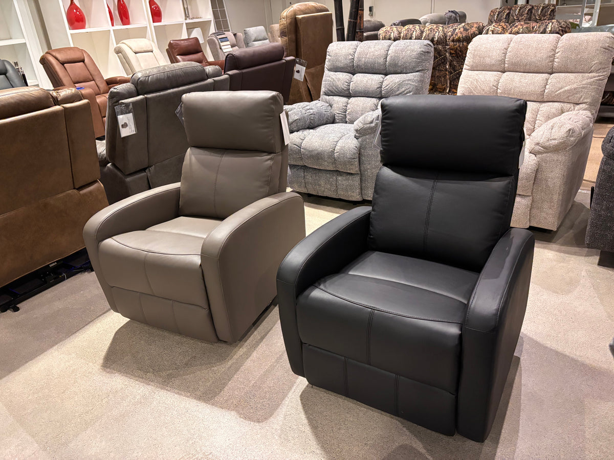 Model 8458 leather recliners displayed in dark and light neutral color options