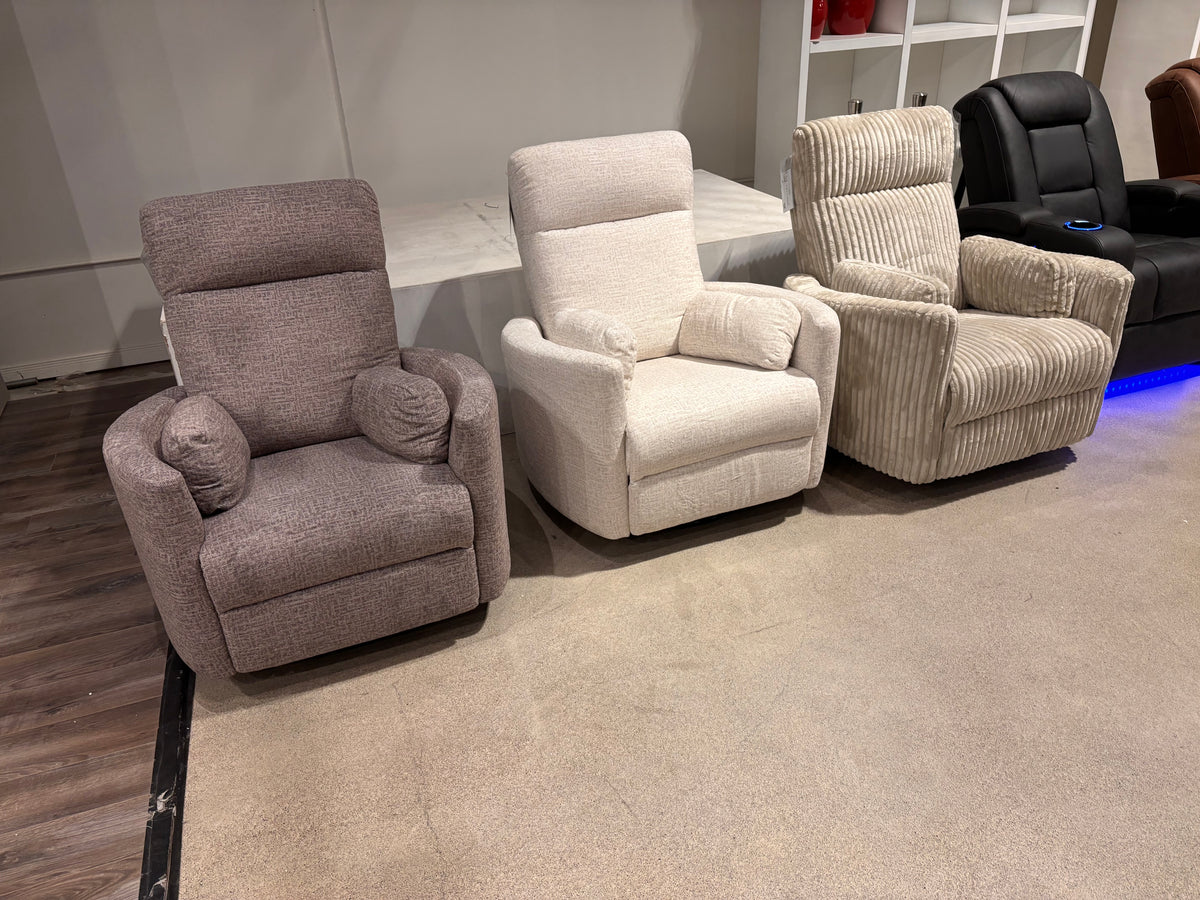 Model 99615 fabric swivel recliners displayed in three neutral color and fabric options