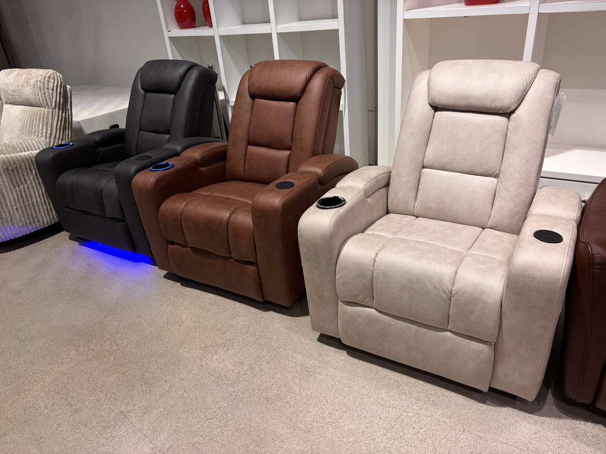 Model 99096 microfiber recliners with cup holders and blue accent lighting in black, brown, and cream colors