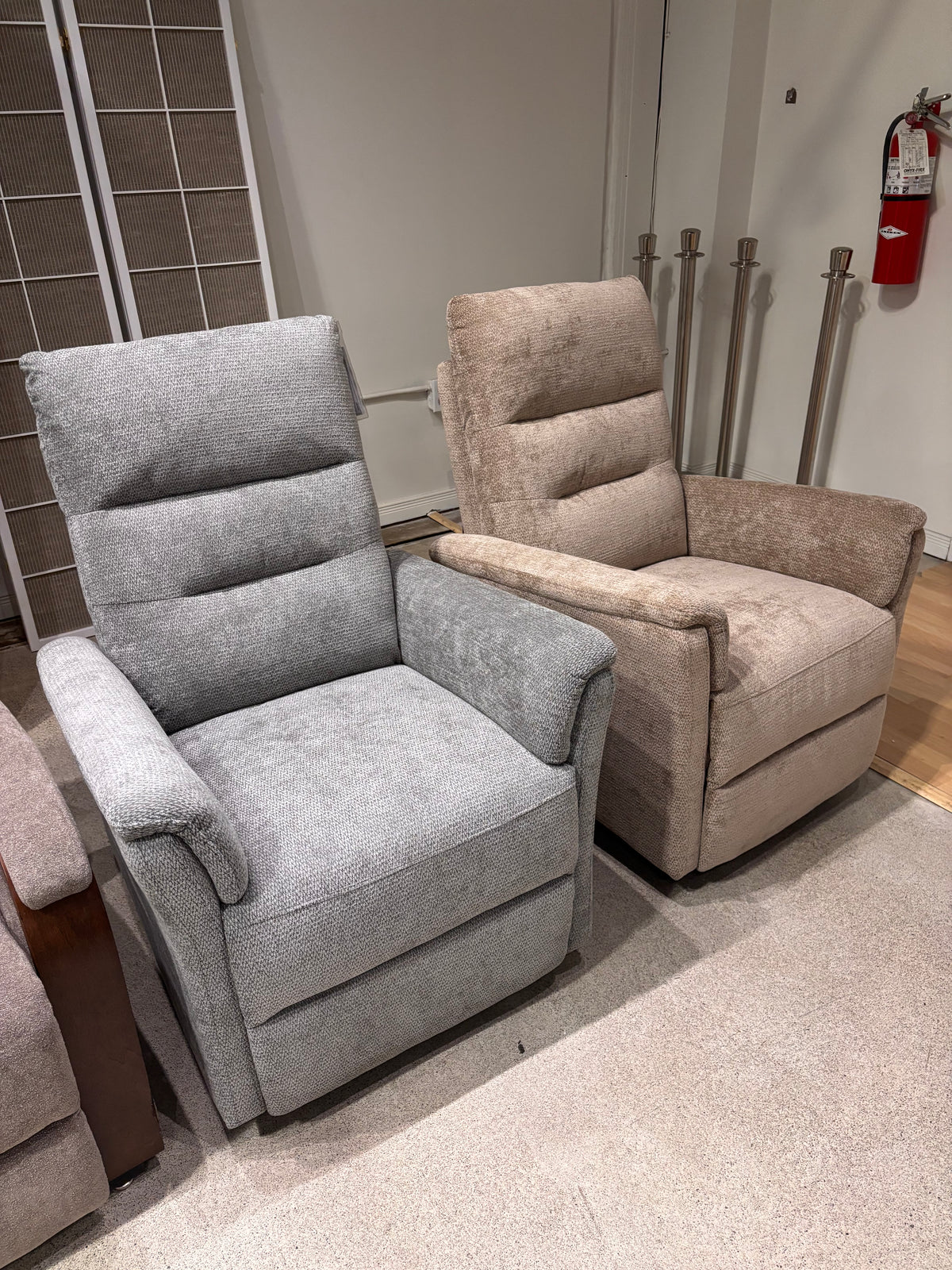 Model 99906 fabric power recliner shown in gray and beige