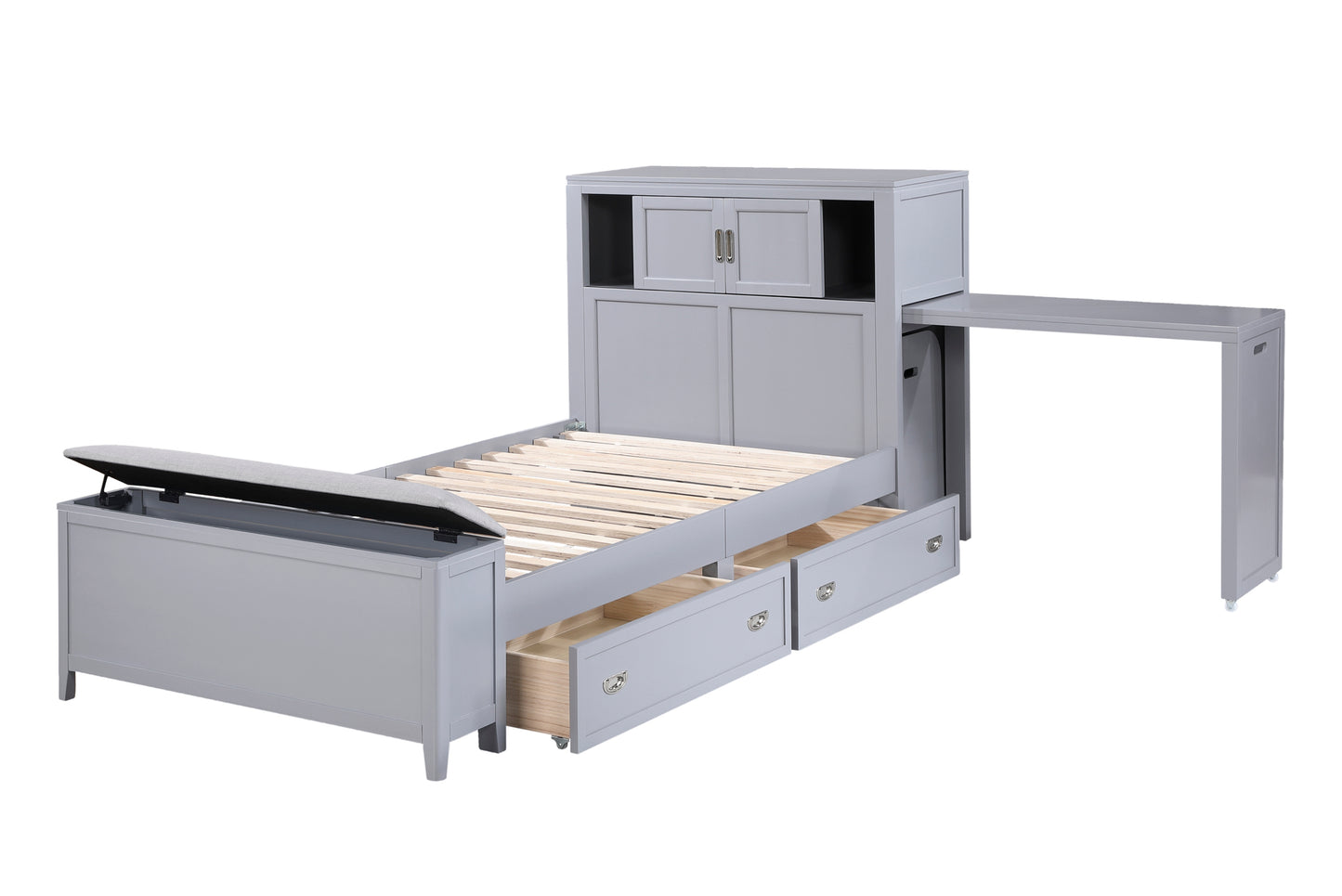 B2024GYBC Twin/Full Bookcase Platform Bed with Hidden Desk, Stool and Storage Bench .Limited Toronto Stocks