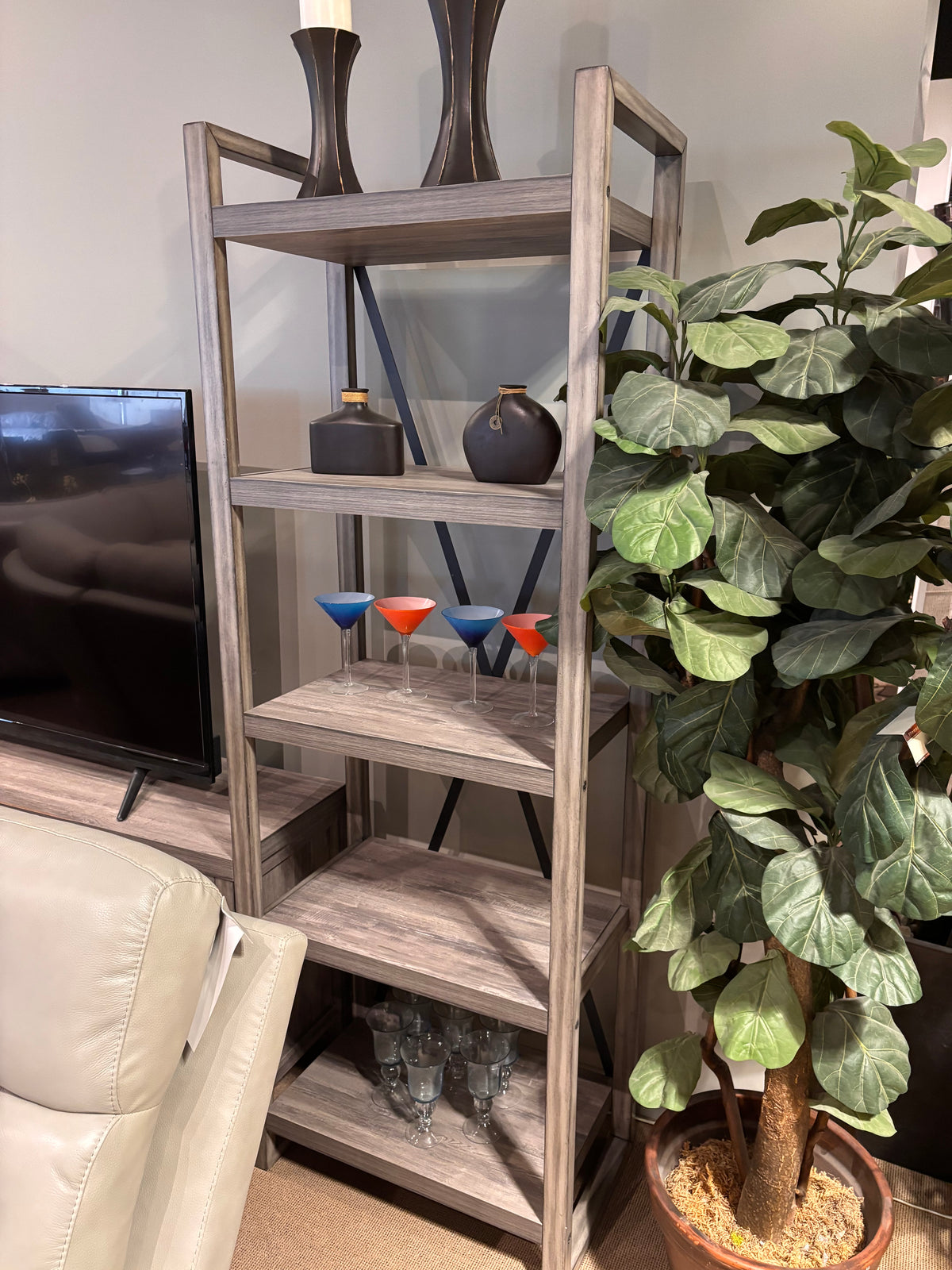 Model 15260S tall five-tier grey wood bookshelf with open sides and black metal cross braces