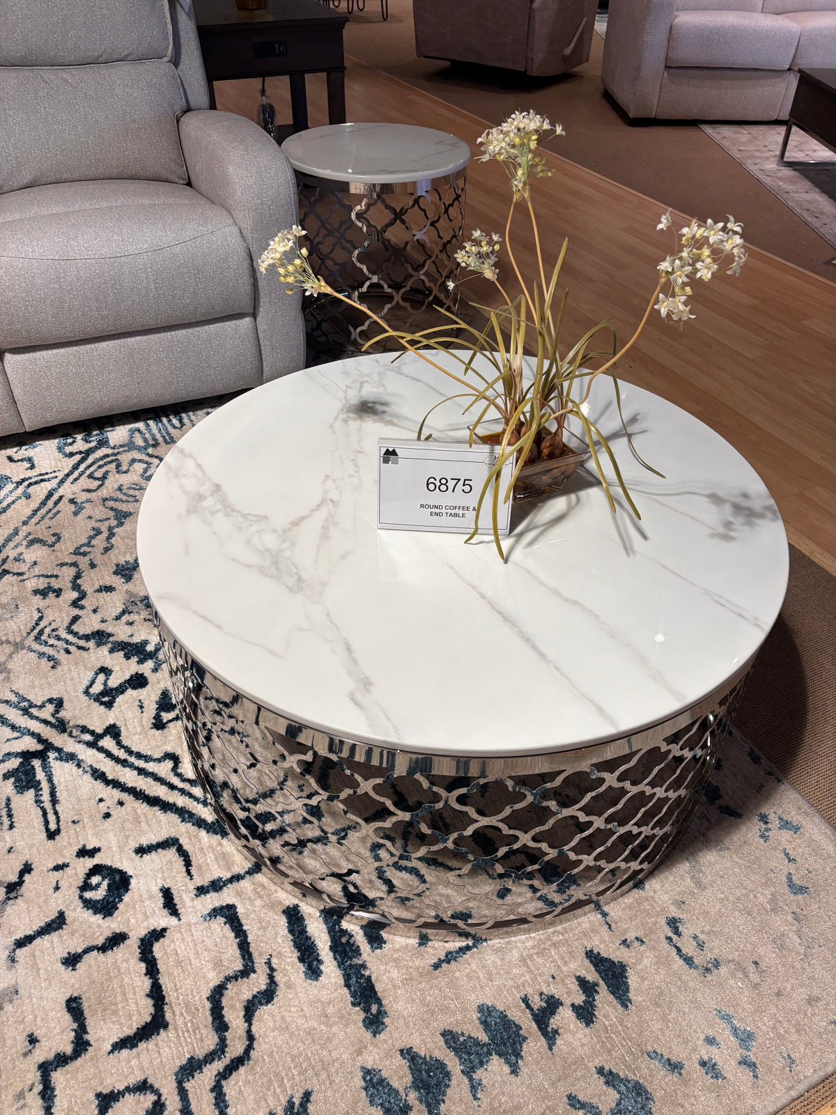 Model 6875 round end table with white marble-look top