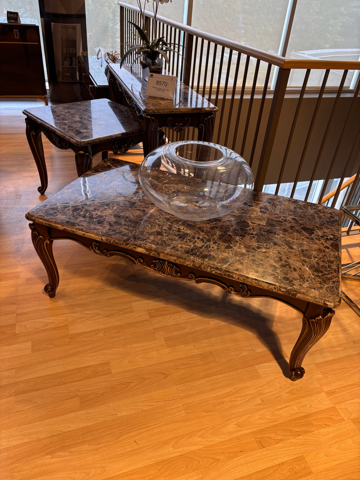 Model 8570 sofa and end tables with ornate marble-look tops