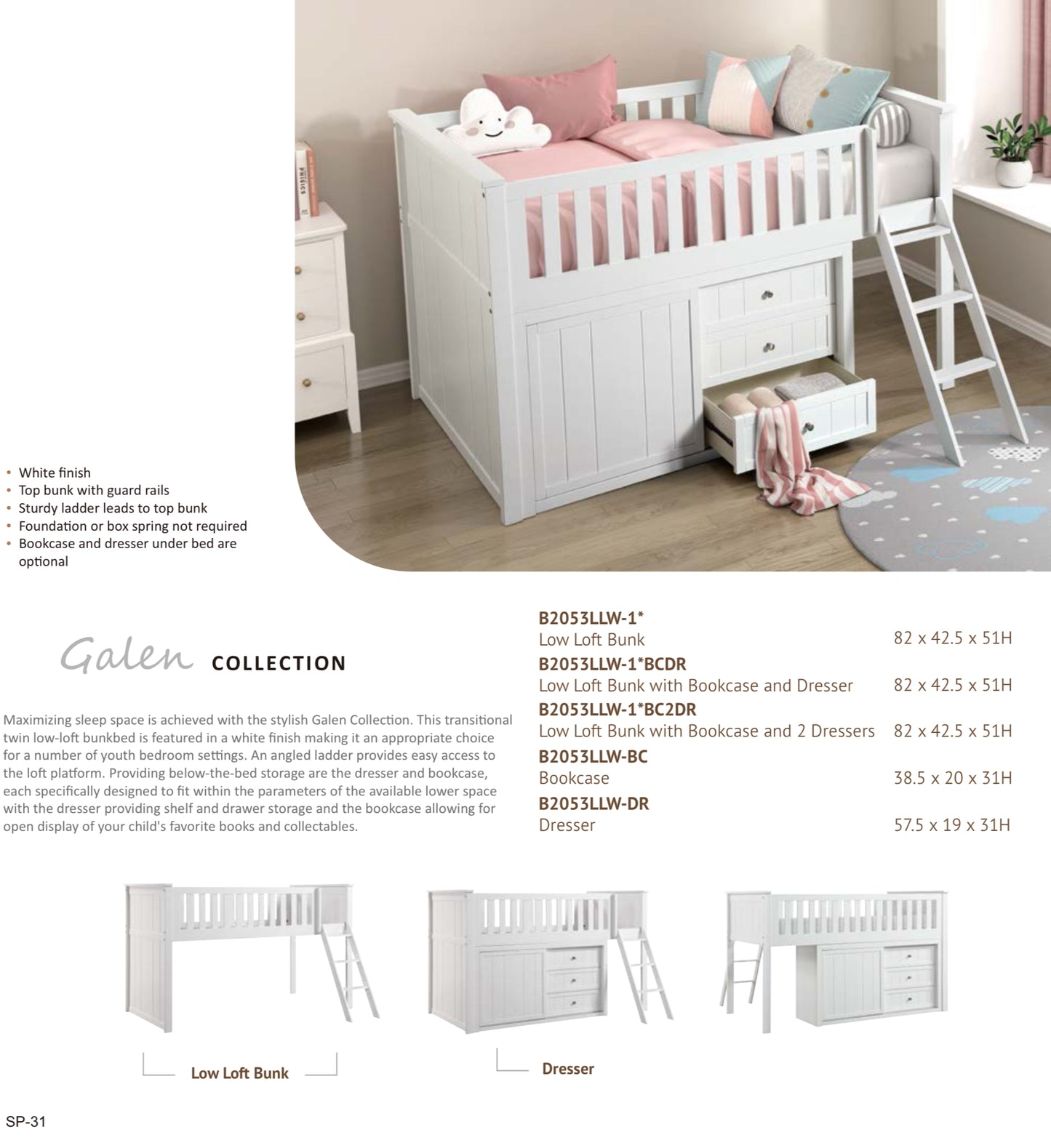 Model B2053LLW Low Loft Bunk with Dresser California  Stocks