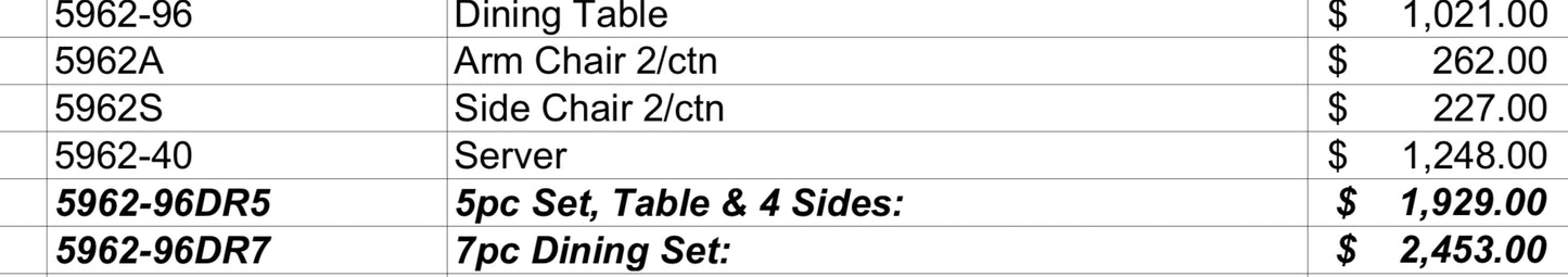 Model 5962  Dining Set Toronto/California  Stocks