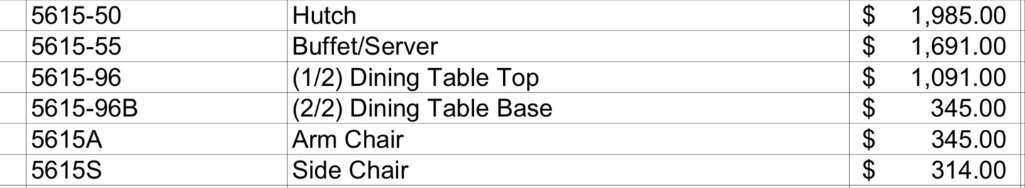 Model 5615 Dining Set  California  Stocks