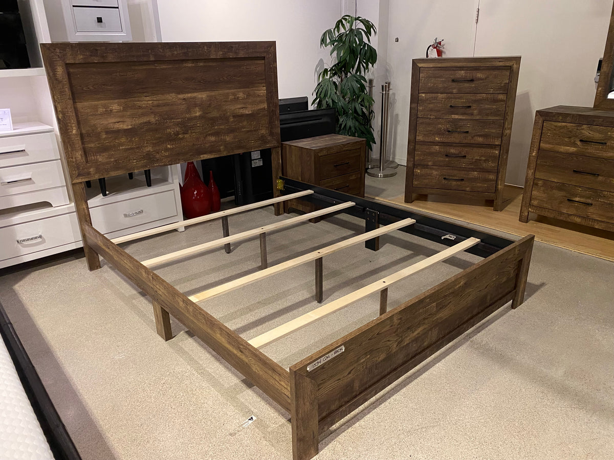 Model 1534 rustic brown bedroom set with panel bed, nightstand, dresser, and chest
