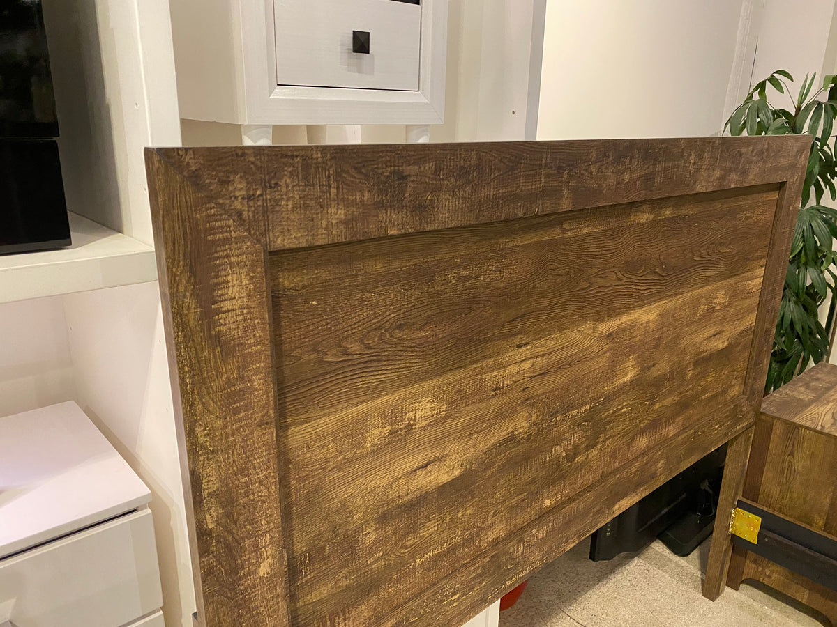 Close-up of Model 1534 rustic brown wood panel headboard