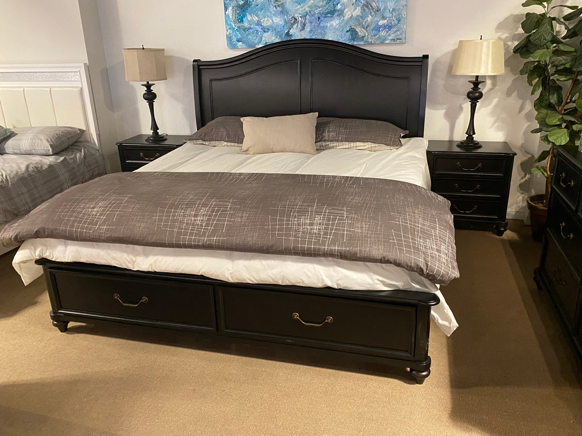 Model 1420 dark wood bedroom dresser with mirror and five-drawer chest
