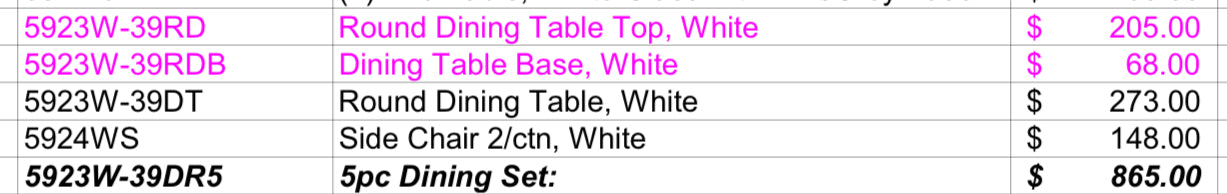 Model 5923W Dining Set  California Stocks