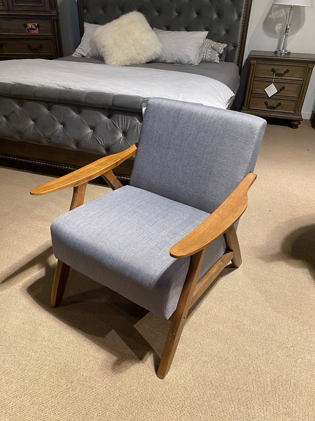 Model 1138GY gray upholstered accent chair with wood arms