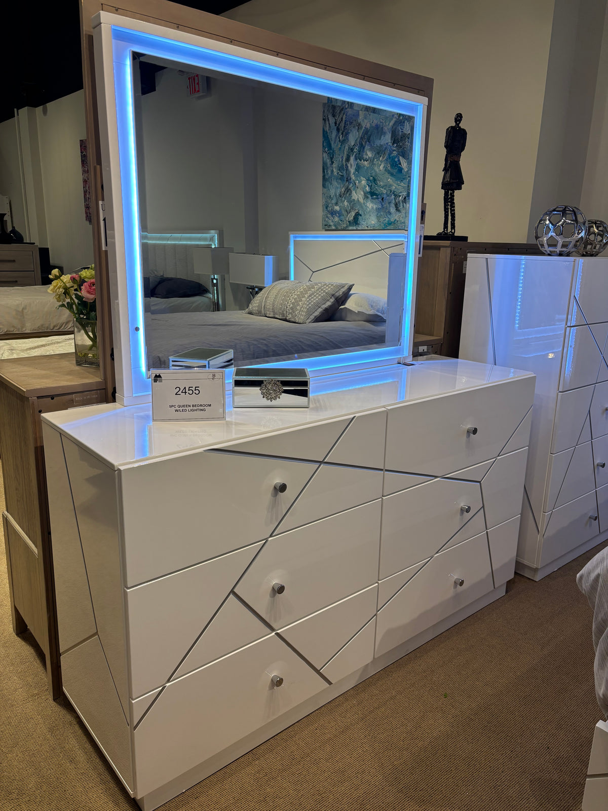 Model 2455 white dresser with geometric drawer fronts and LED mirror