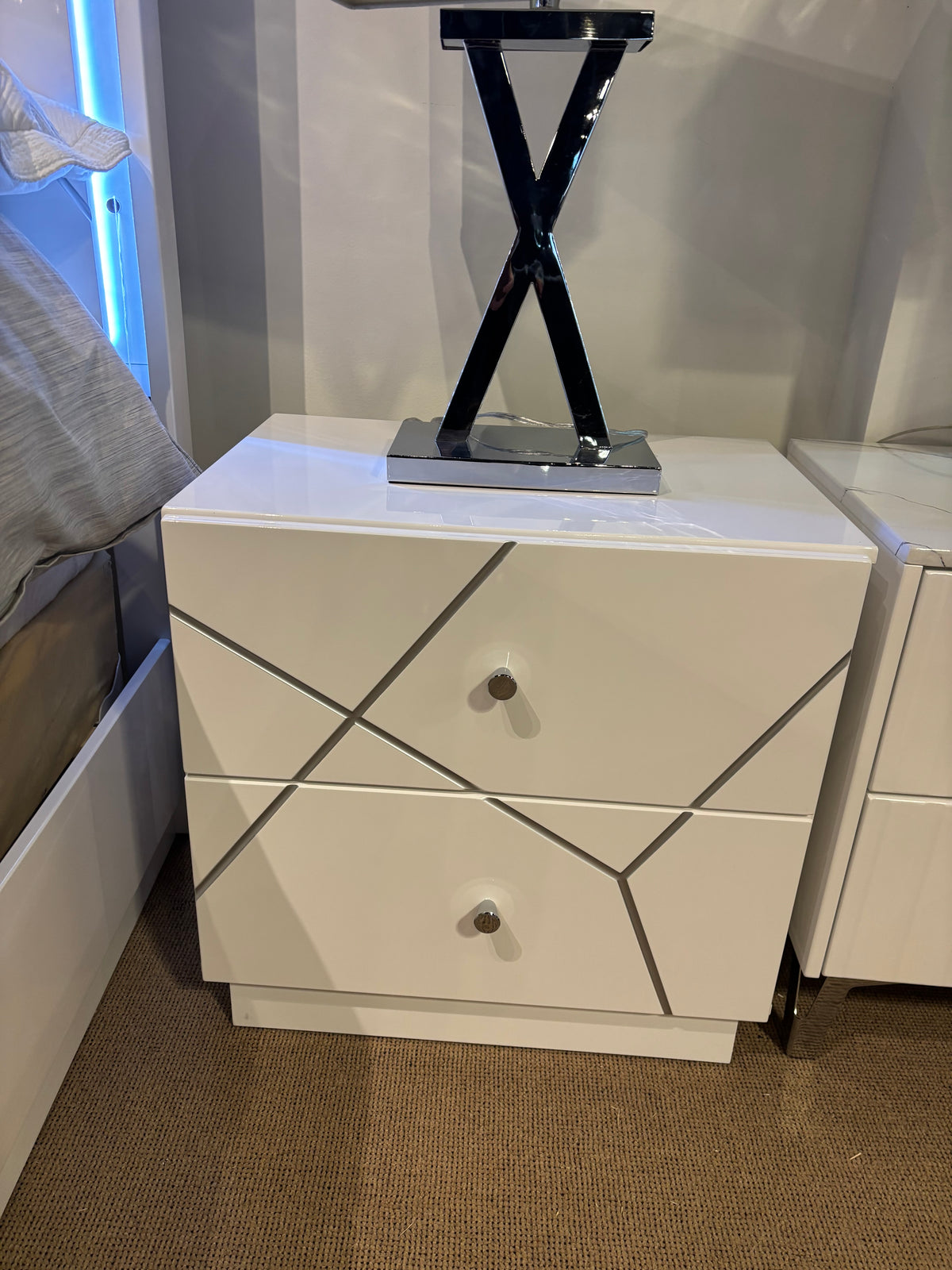Model 2455 white bedroom nightstand with geometric drawer fronts
