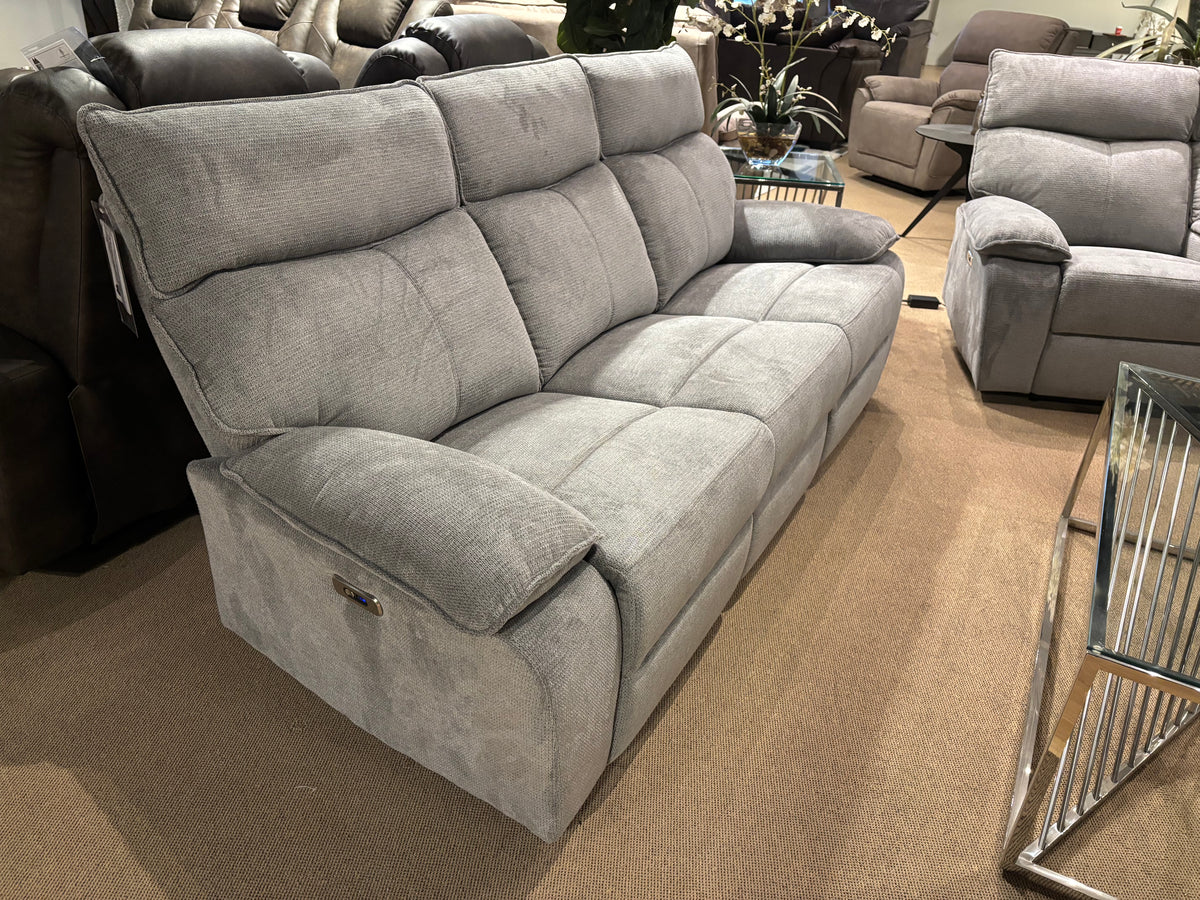 Model 99077P grey fabric power recliner loveseat with center console