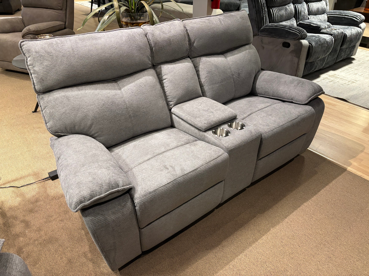 Model 99077P grey fabric power recliner sofa and chair showroom view