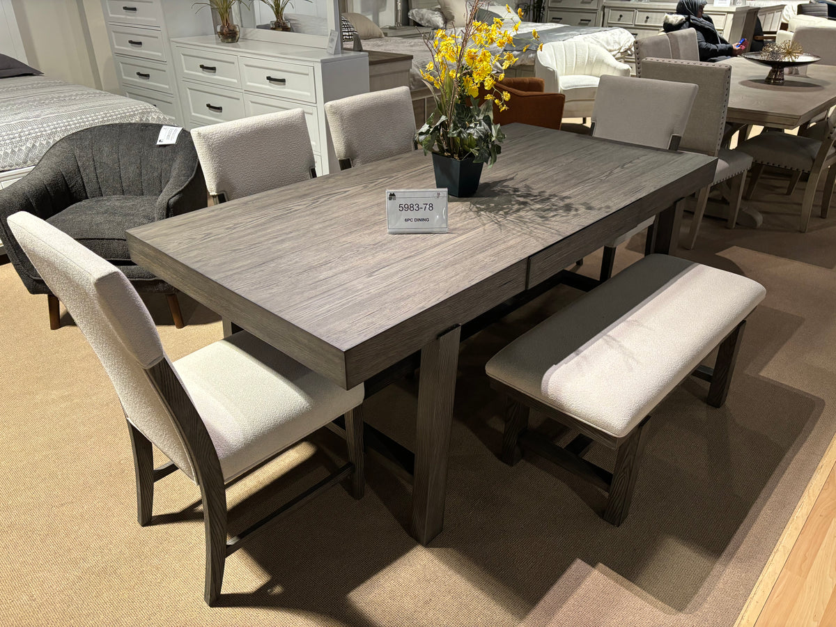 Model 5983 six-piece dining set with grey wood-look table, four upholstered chairs, and bench