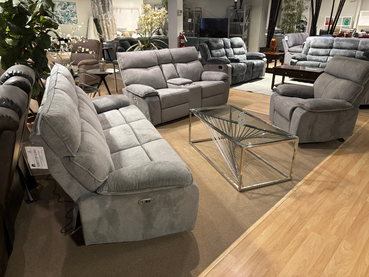 Model 99077P grey fabric power recliner chair, front view