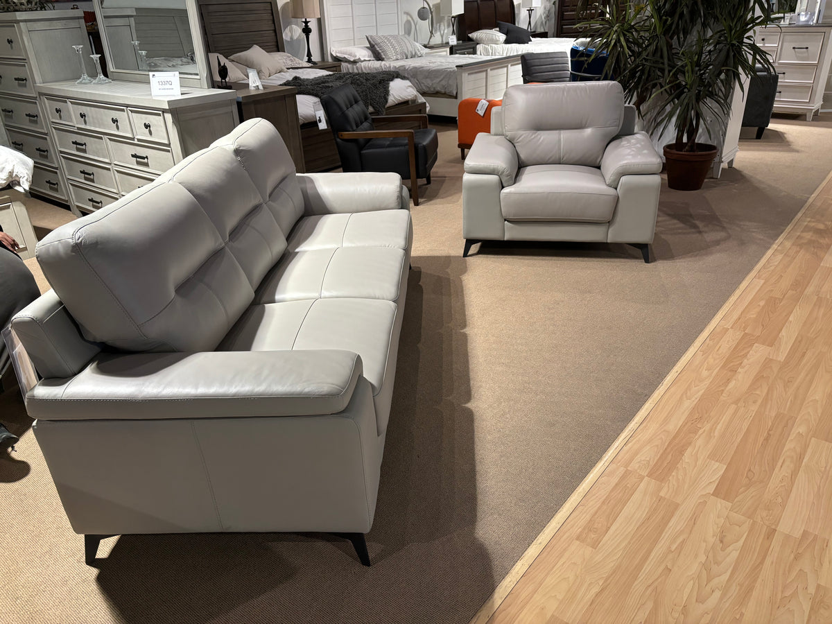 Model 9514 light grey leather sofa, loveseat, and chair set