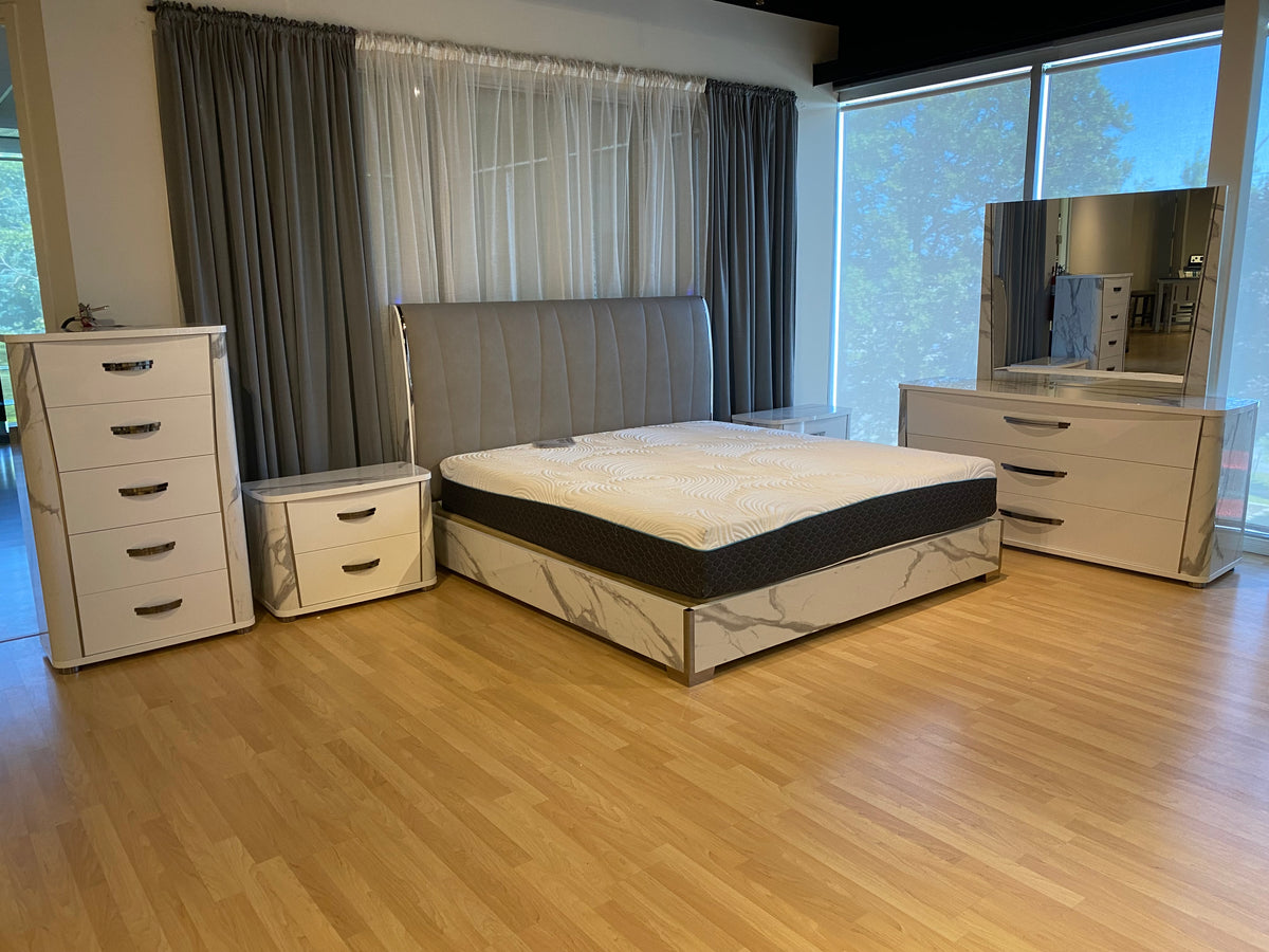 Model Anna Italian bedroom set complete white marble-look suite with upholstered bed