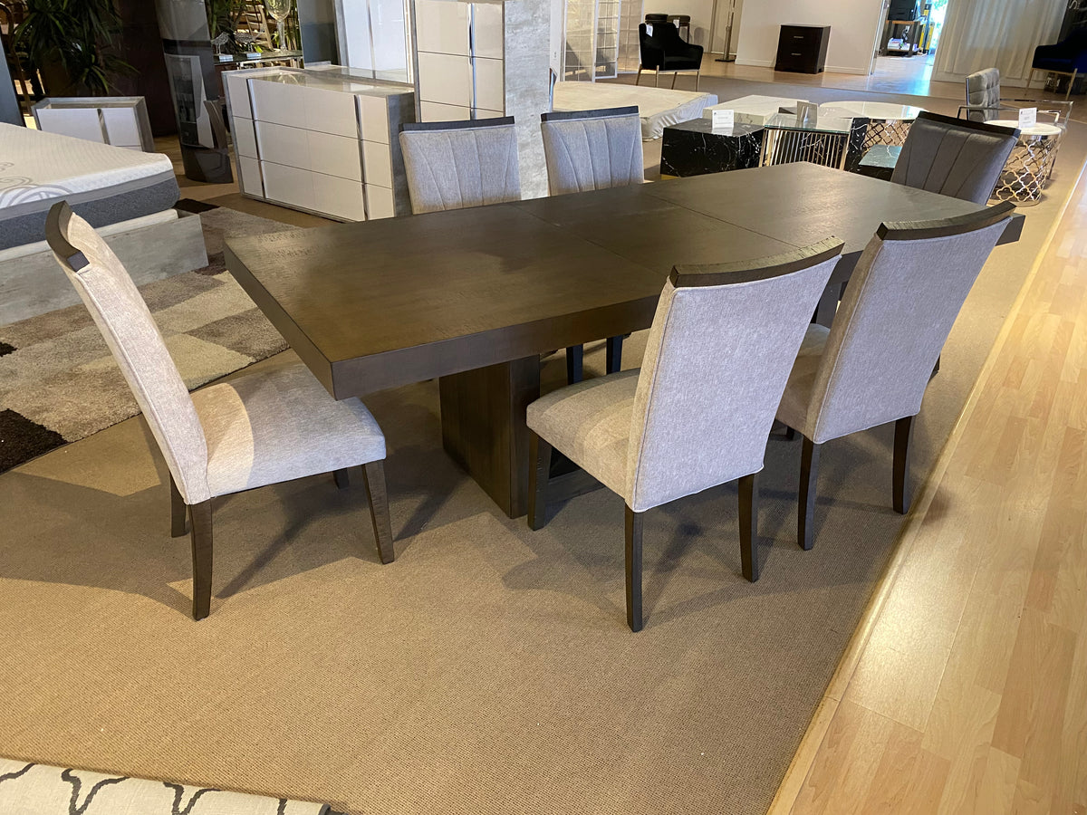 Model 5764 seven-piece dining set with dark wood table and light upholstered chairs