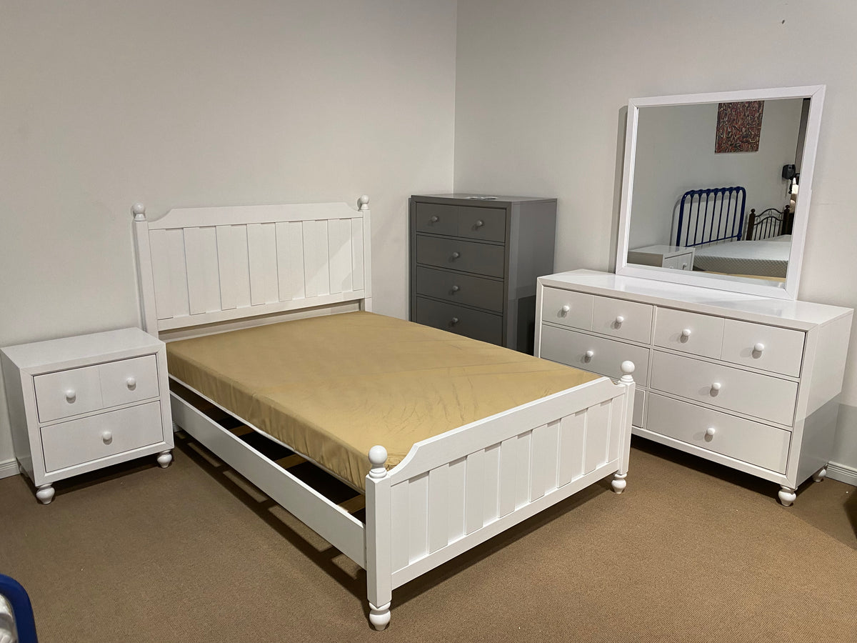 Model 1803 full size bedroom set in white with dresser, mirror, bed, and nightstand