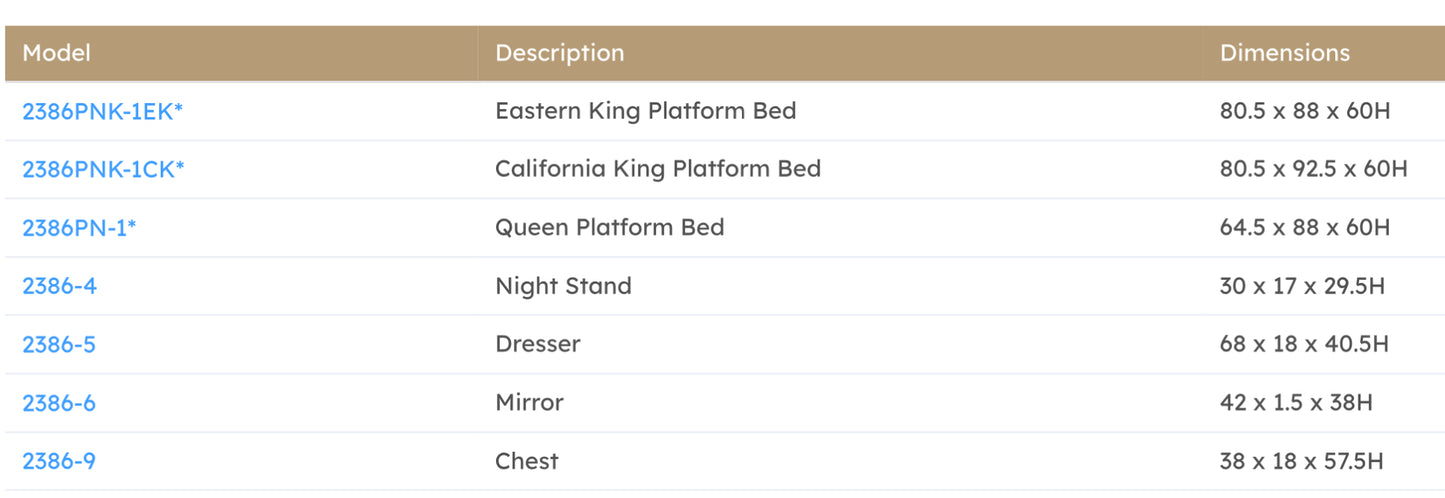 Model 2386 Upholstered Bedroom Set  California Stocks