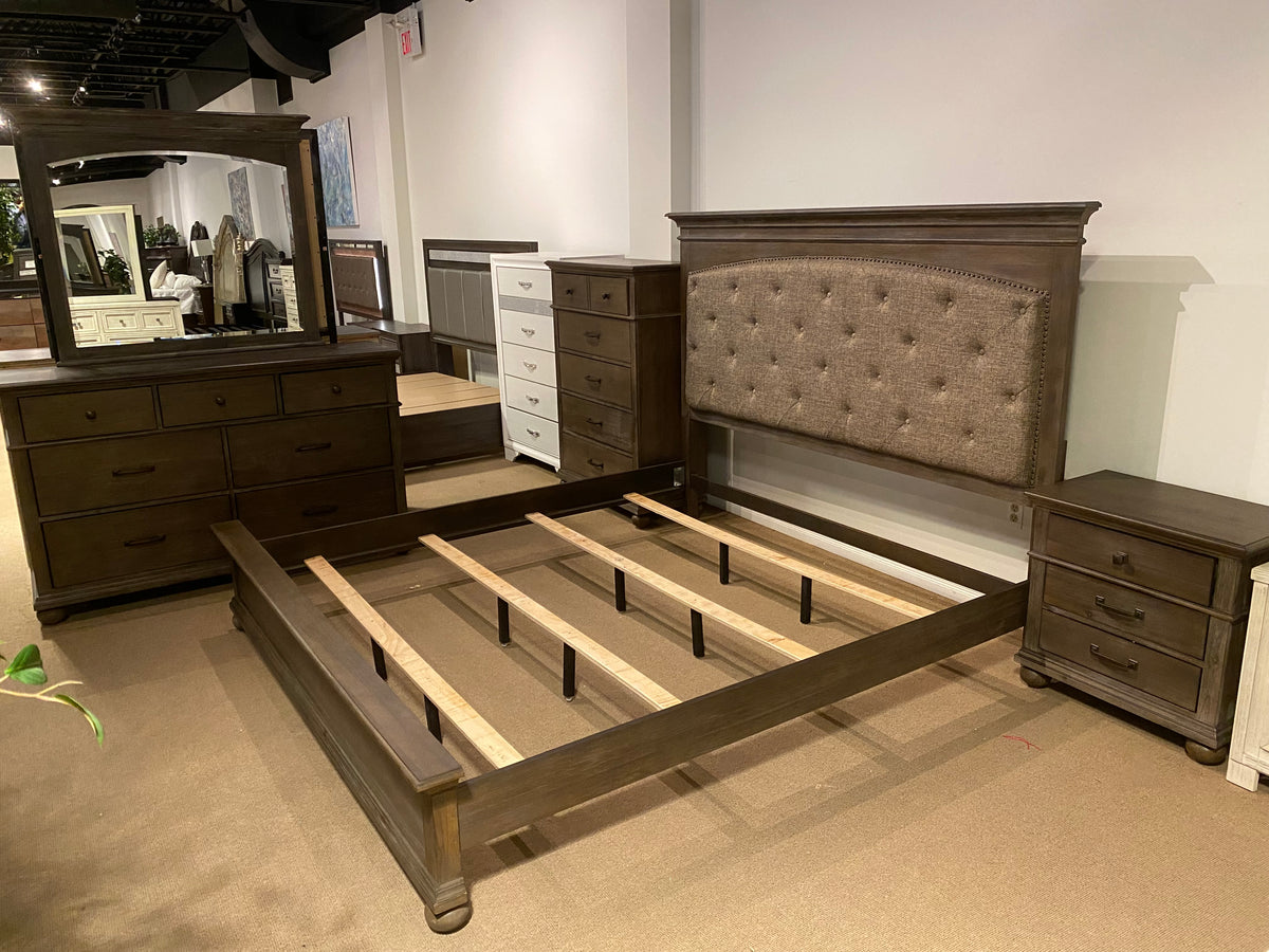 Model 1400 queen size bedroom set with upholstered bed, dresser, mirror, chest, and nightstand