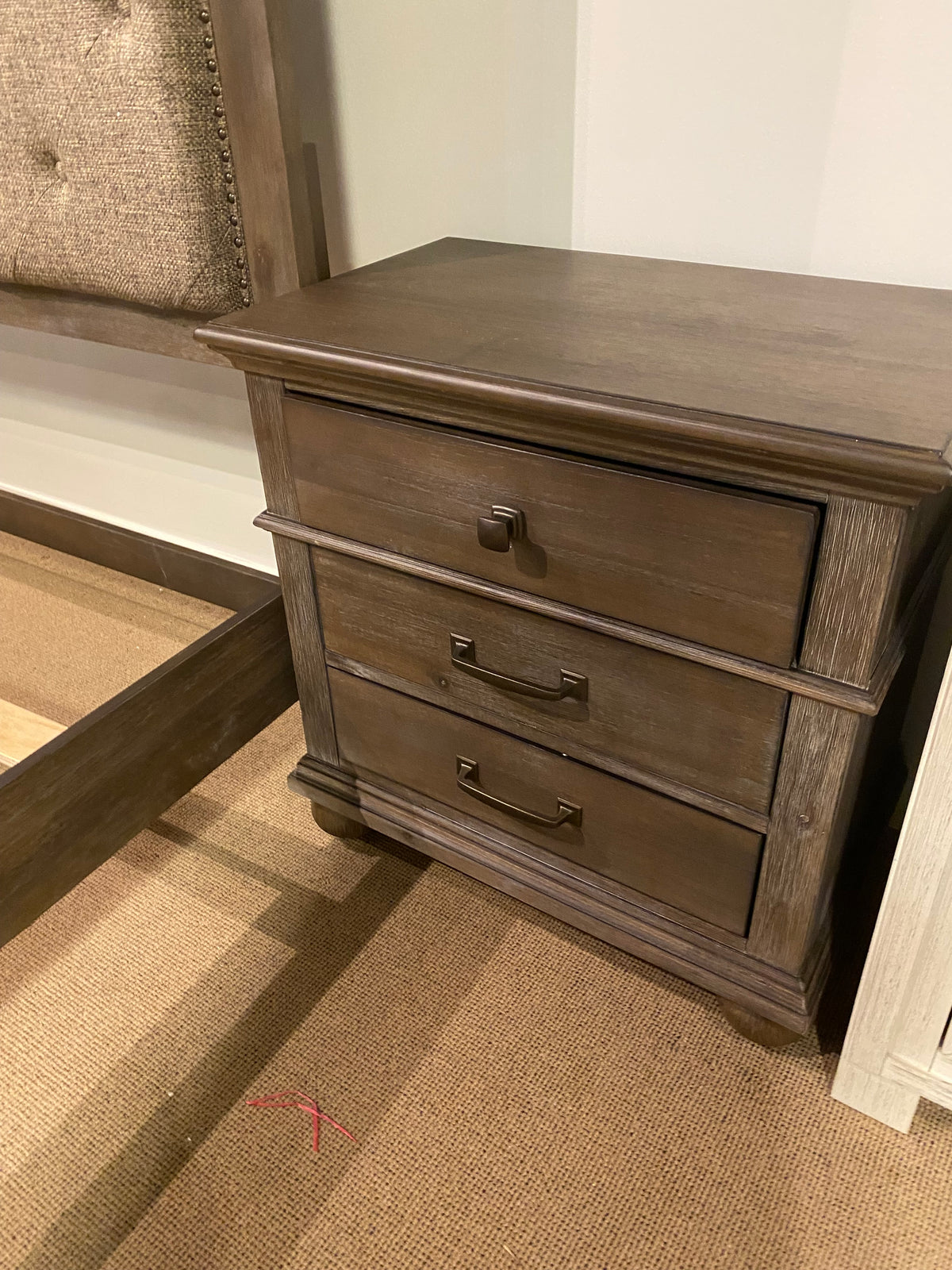 Model 1400 three-drawer nightstand in a grey-brown wood finish